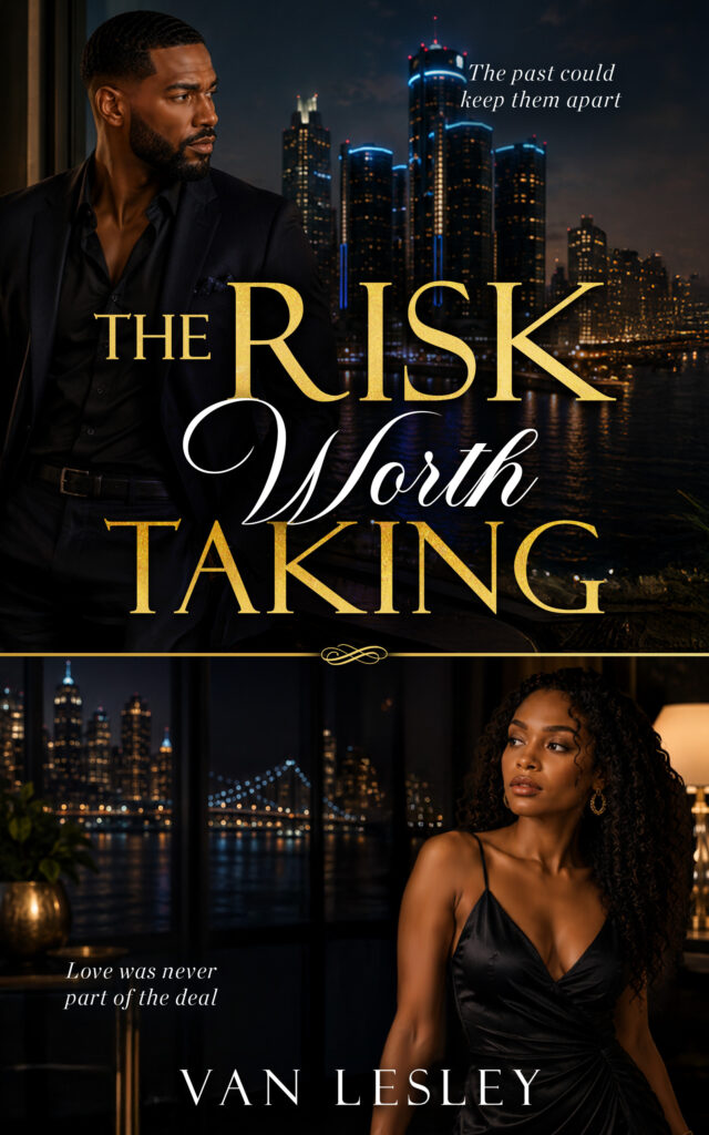 The Risk Worth Taking by Van Lesley, a contemporary romance featuring Ricky Miles and August Kennedy against the Detroit skyline.